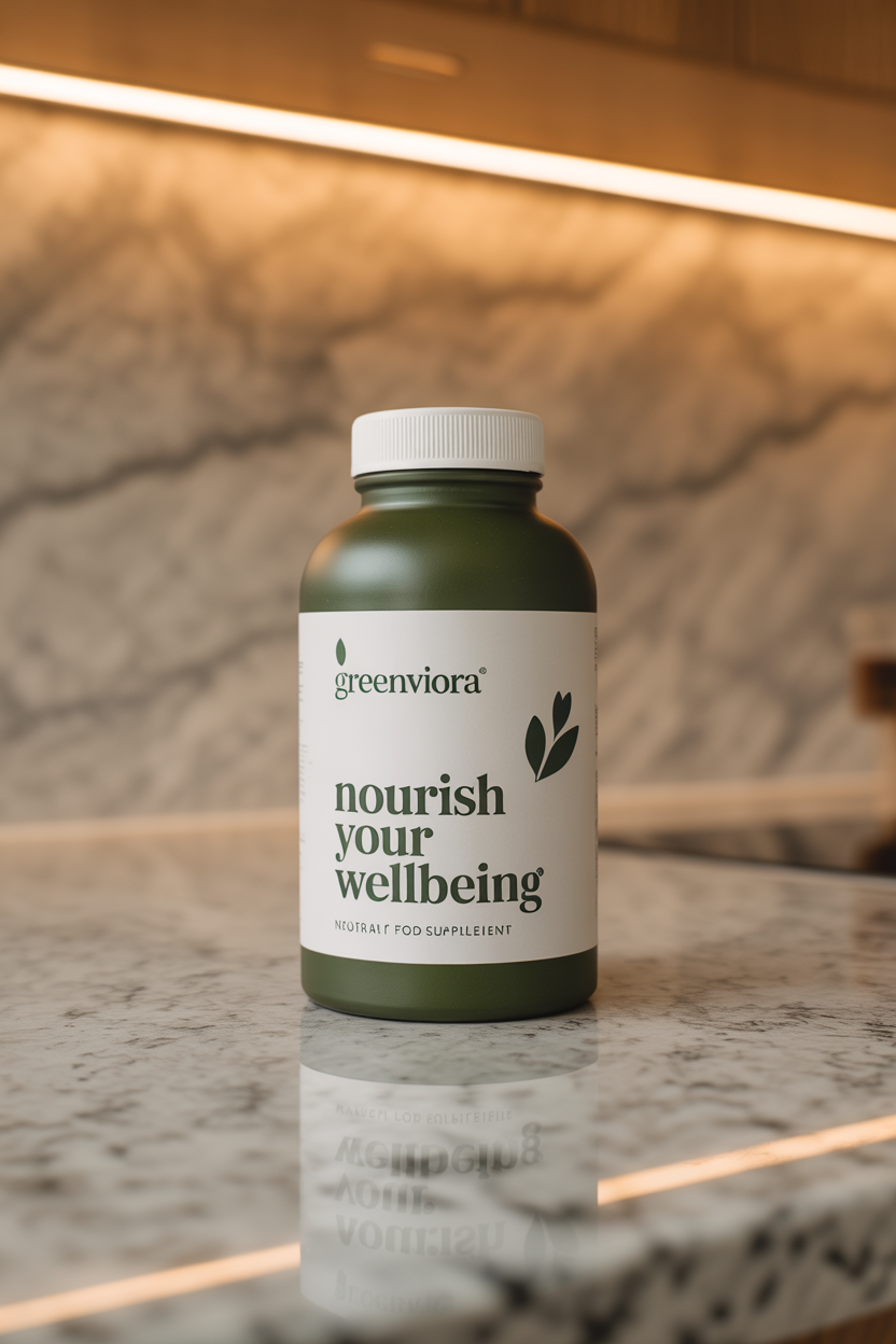 GreenViora natural food supplement bottle on a clean surface